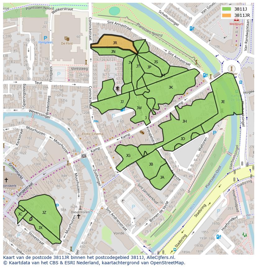 Afbeelding van het postcodegebied 3811 JR op de kaart.