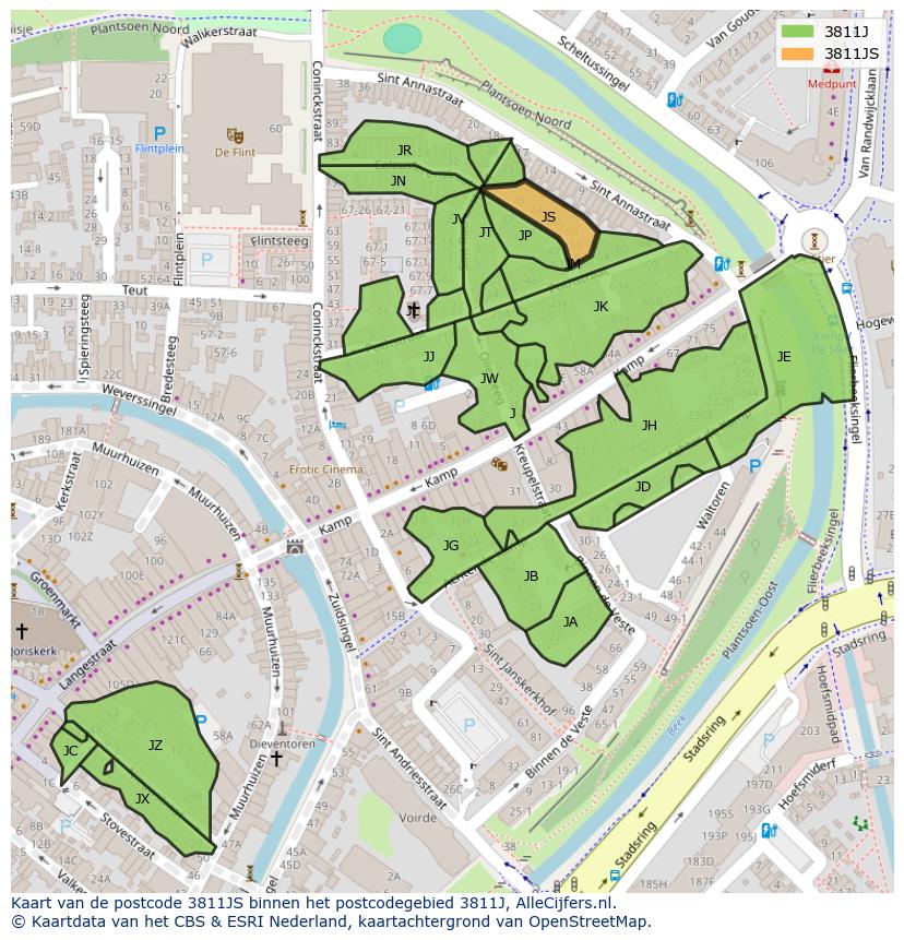Afbeelding van het postcodegebied 3811 JS op de kaart.