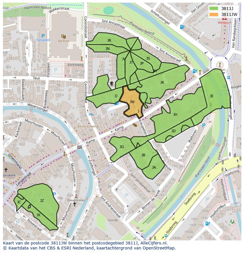 Afbeelding van het postcodegebied 3811 JW op de kaart.