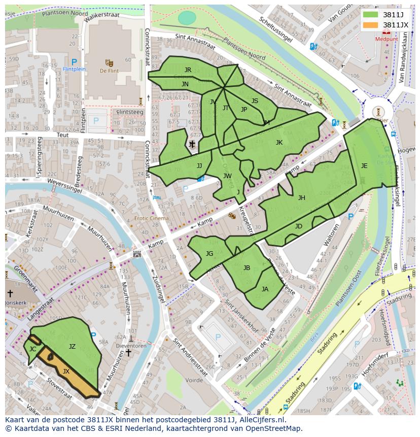 Afbeelding van het postcodegebied 3811 JX op de kaart.