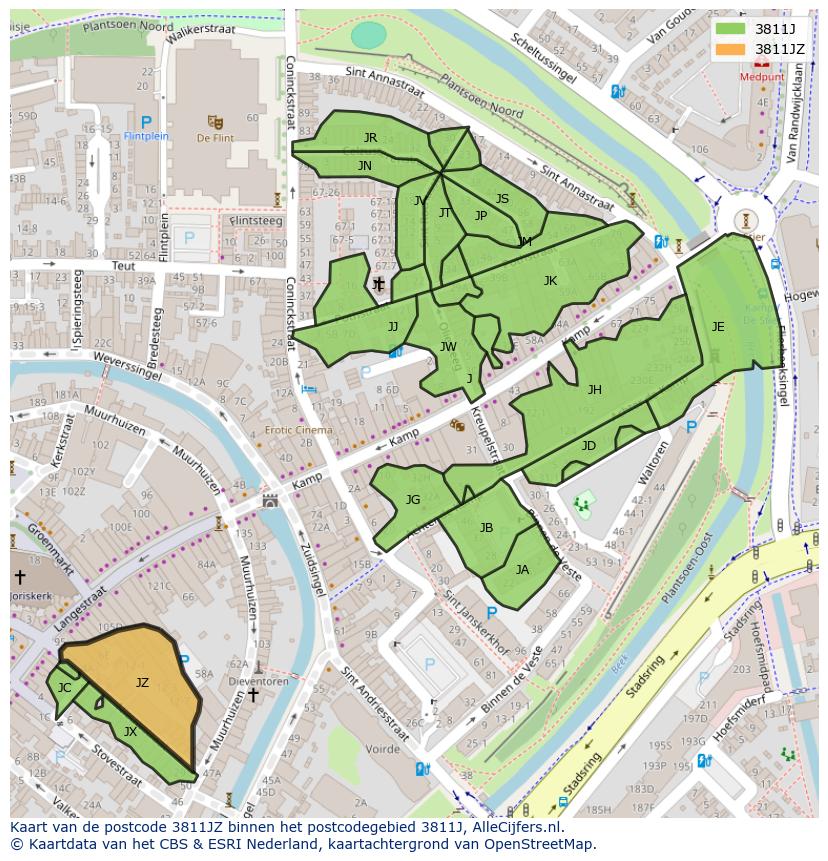 Afbeelding van het postcodegebied 3811 JZ op de kaart.