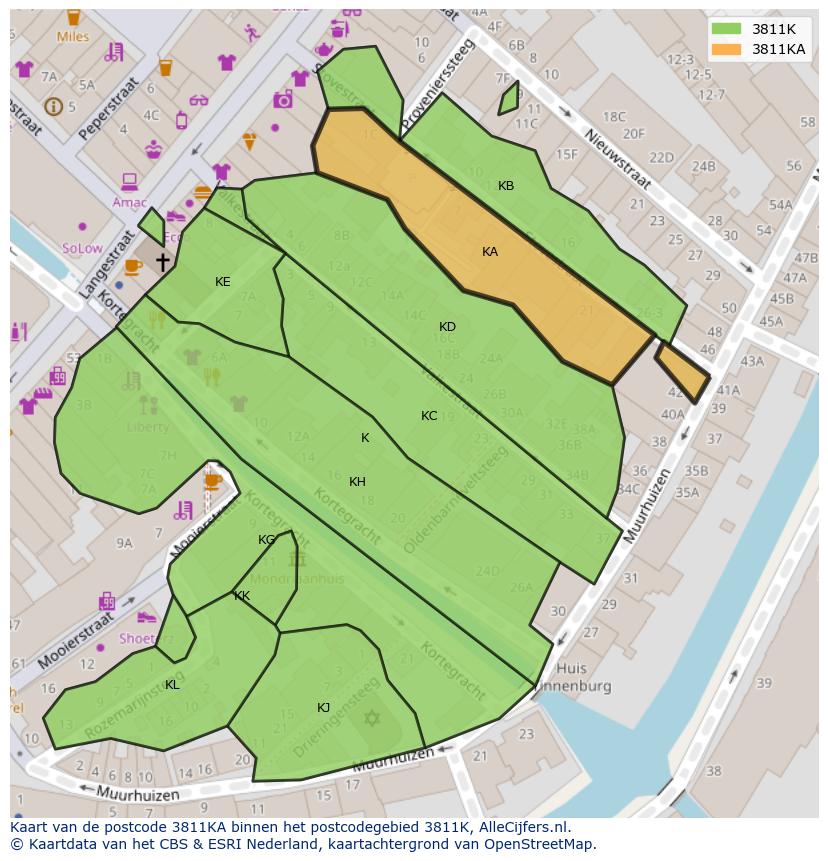 Afbeelding van het postcodegebied 3811 KA op de kaart.
