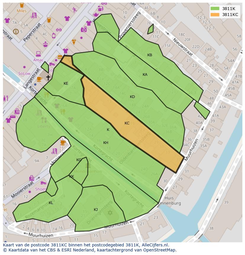 Afbeelding van het postcodegebied 3811 KC op de kaart.