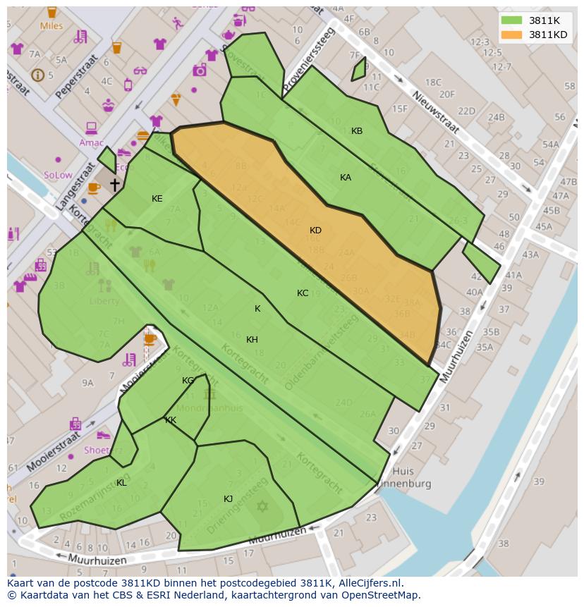 Afbeelding van het postcodegebied 3811 KD op de kaart.