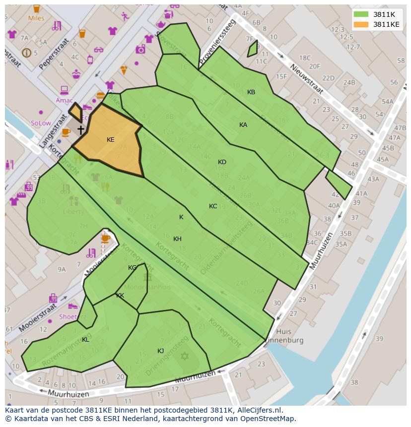 Afbeelding van het postcodegebied 3811 KE op de kaart.