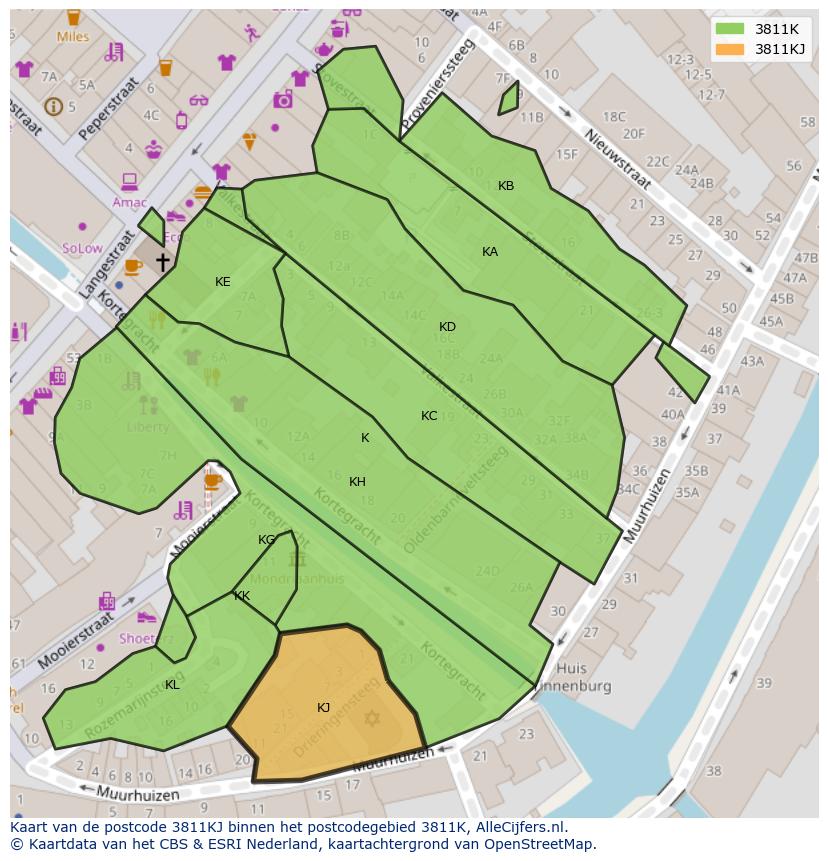 Afbeelding van het postcodegebied 3811 KJ op de kaart.