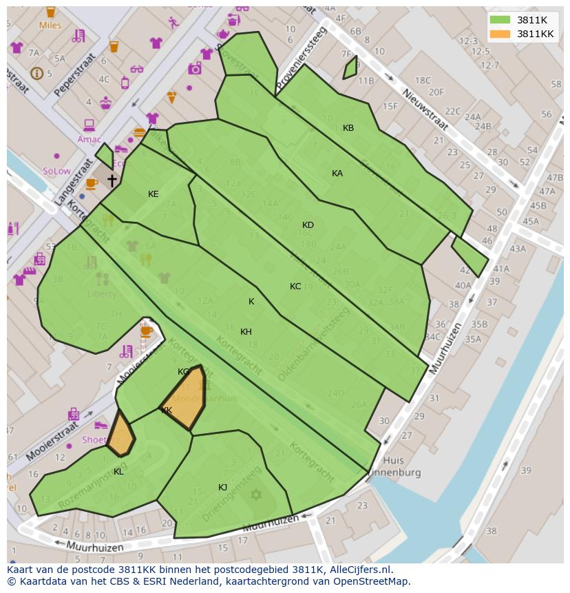 Afbeelding van het postcodegebied 3811 KK op de kaart.