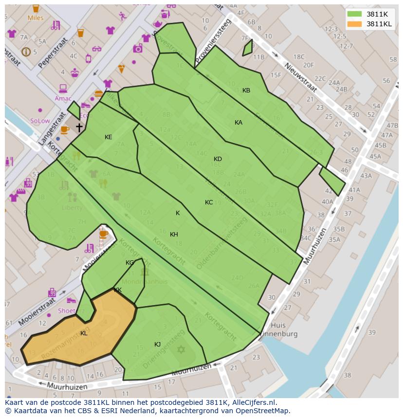 Afbeelding van het postcodegebied 3811 KL op de kaart.