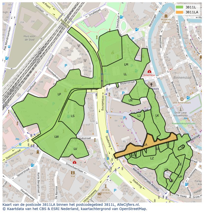 Afbeelding van het postcodegebied 3811 LA op de kaart.