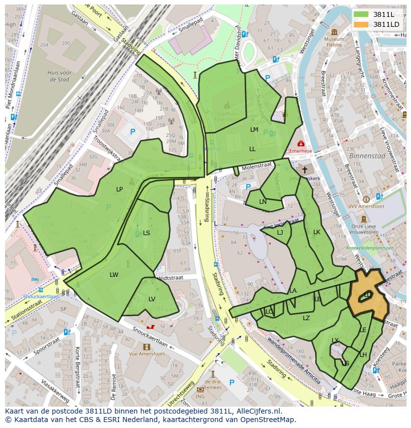 Afbeelding van het postcodegebied 3811 LD op de kaart.