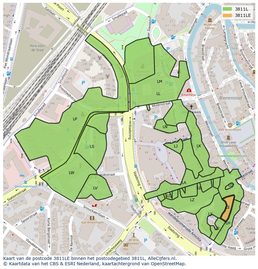 Afbeelding van het postcodegebied 3811 LE op de kaart.