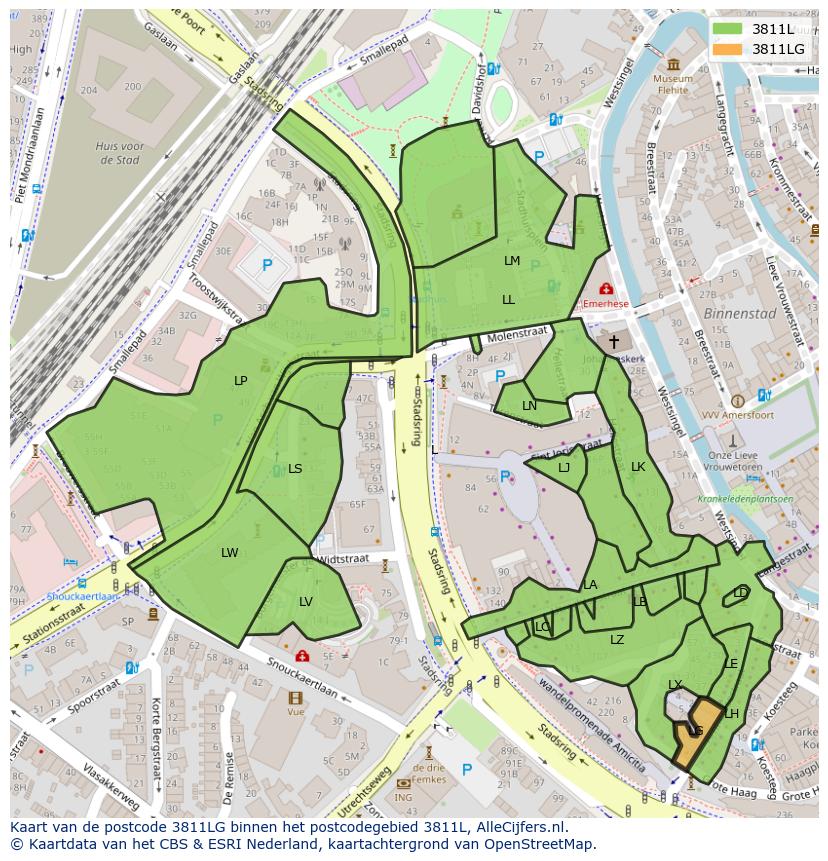 Afbeelding van het postcodegebied 3811 LG op de kaart.