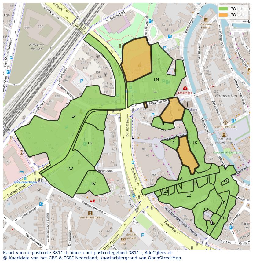 Afbeelding van het postcodegebied 3811 LL op de kaart.