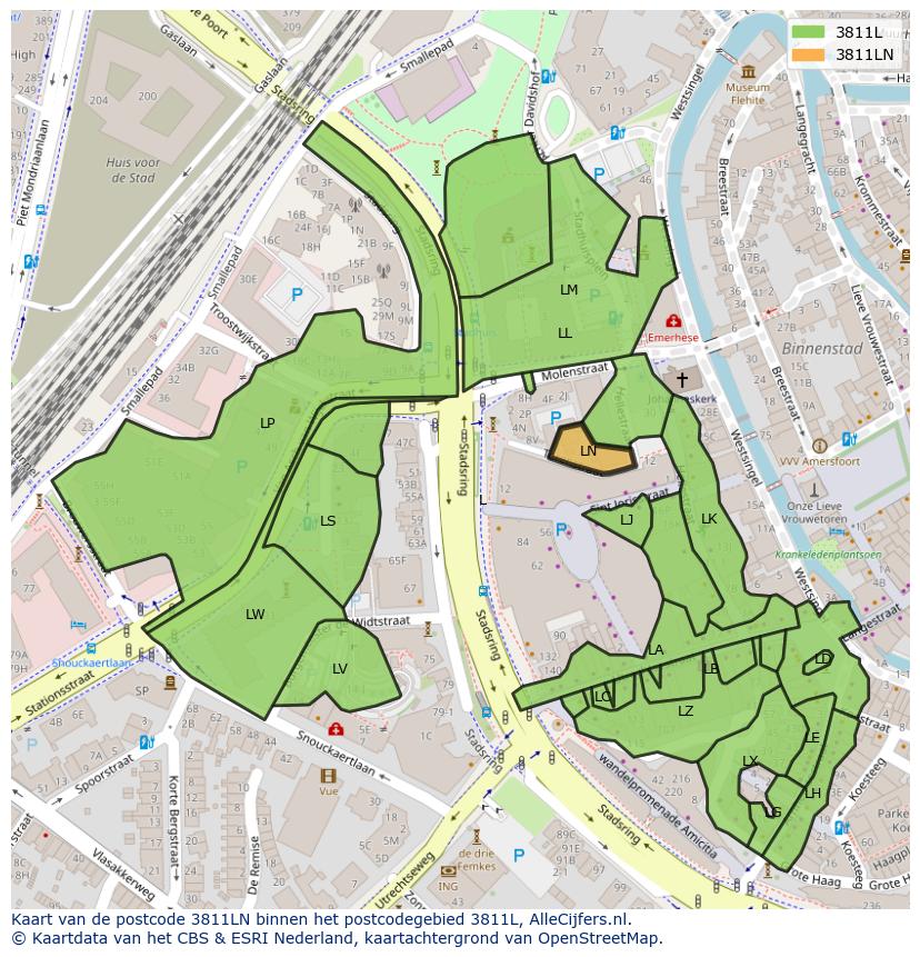 Afbeelding van het postcodegebied 3811 LN op de kaart.
