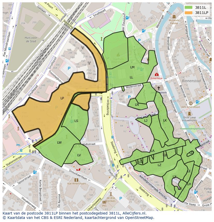 Afbeelding van het postcodegebied 3811 LP op de kaart.