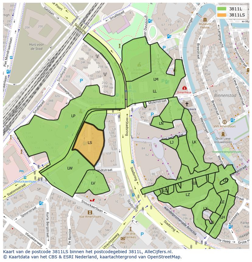 Afbeelding van het postcodegebied 3811 LS op de kaart.