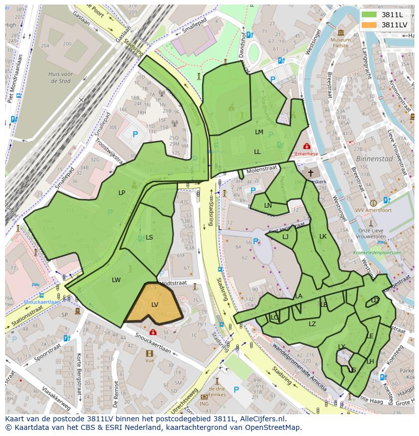 Afbeelding van het postcodegebied 3811 LV op de kaart.