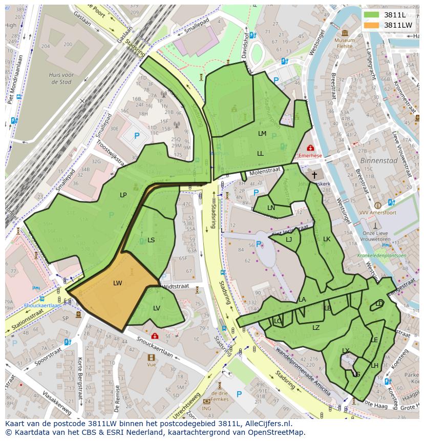 Afbeelding van het postcodegebied 3811 LW op de kaart.