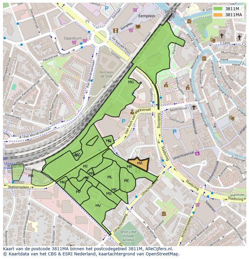 Afbeelding van het postcodegebied 3811 MA op de kaart.