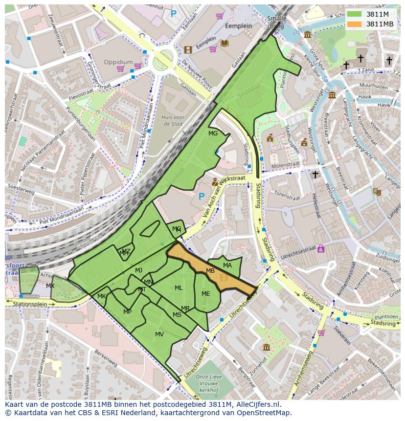 Afbeelding van het postcodegebied 3811 MB op de kaart.