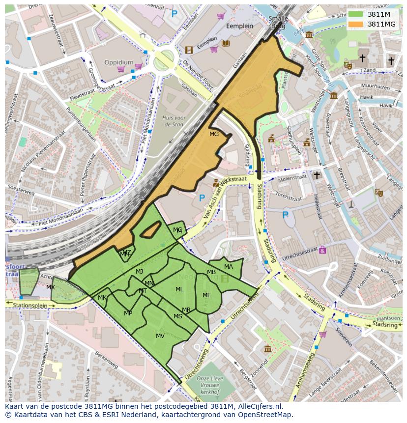 Afbeelding van het postcodegebied 3811 MG op de kaart.