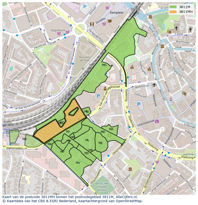 Afbeelding van het postcodegebied 3811 MH op de kaart.