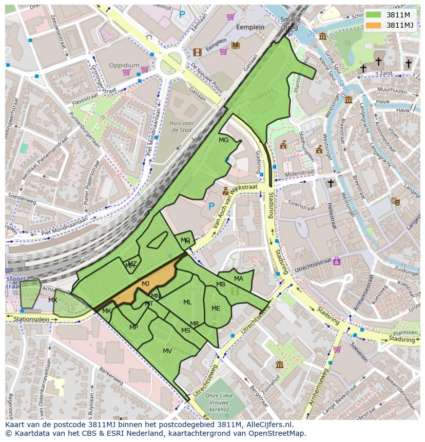 Afbeelding van het postcodegebied 3811 MJ op de kaart.