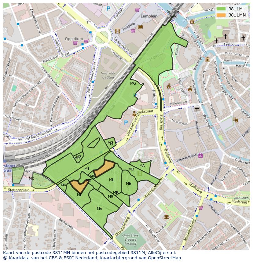 Afbeelding van het postcodegebied 3811 MN op de kaart.
