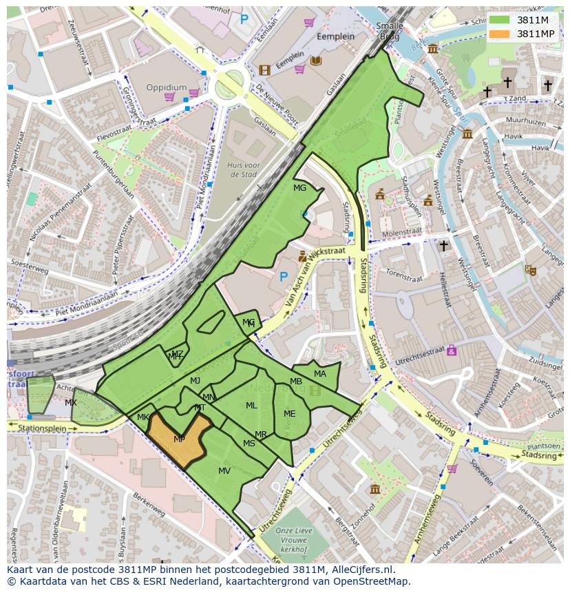 Afbeelding van het postcodegebied 3811 MP op de kaart.