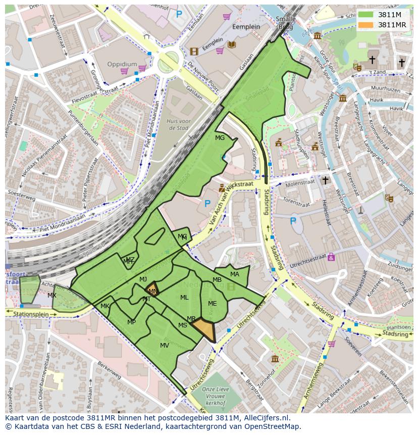 Afbeelding van het postcodegebied 3811 MR op de kaart.