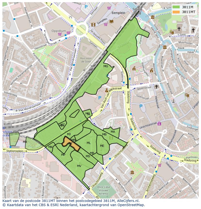 Afbeelding van het postcodegebied 3811 MT op de kaart.
