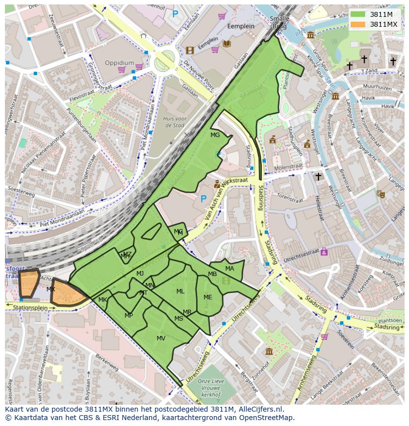 Afbeelding van het postcodegebied 3811 MX op de kaart.