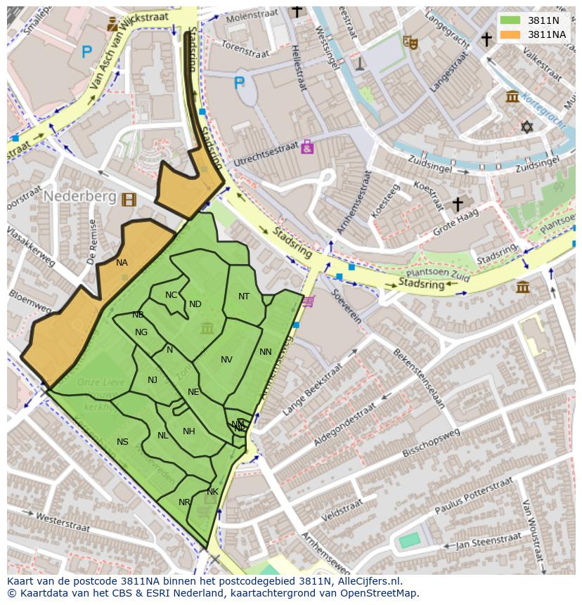 Afbeelding van het postcodegebied 3811 NA op de kaart.
