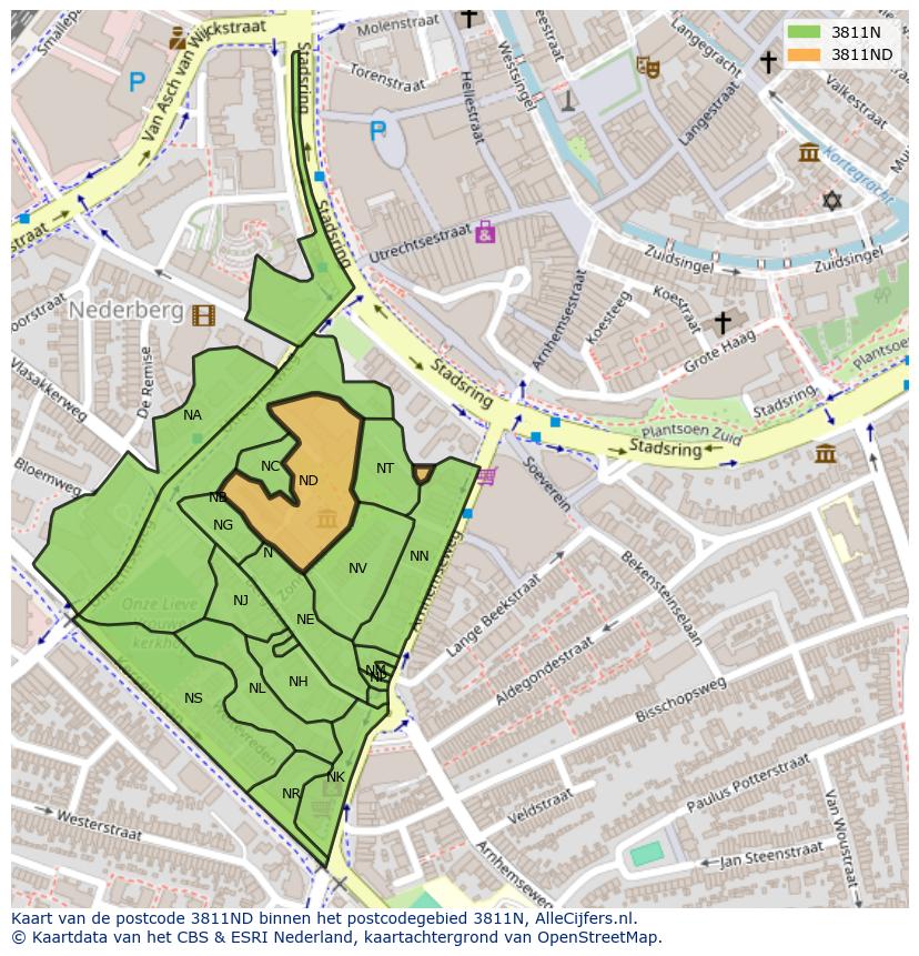 Afbeelding van het postcodegebied 3811 ND op de kaart.