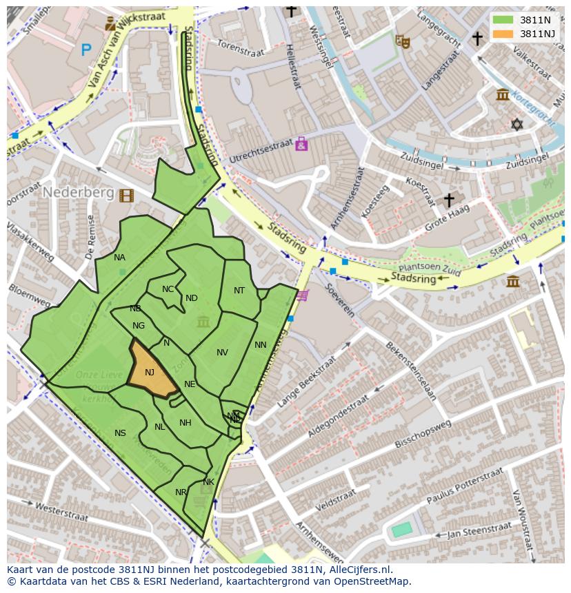 Afbeelding van het postcodegebied 3811 NJ op de kaart.
