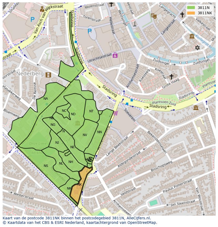 Afbeelding van het postcodegebied 3811 NK op de kaart.
