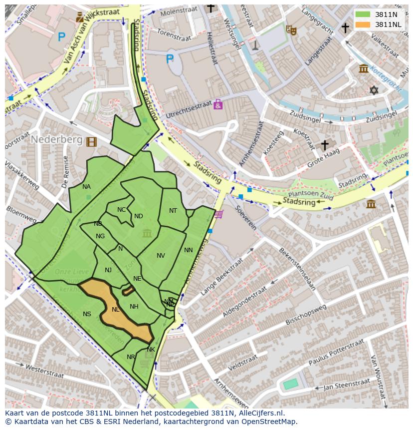 Afbeelding van het postcodegebied 3811 NL op de kaart.