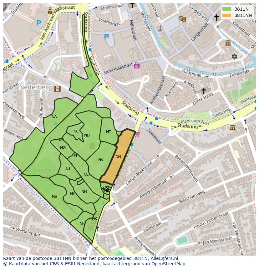 Afbeelding van het postcodegebied 3811 NN op de kaart.