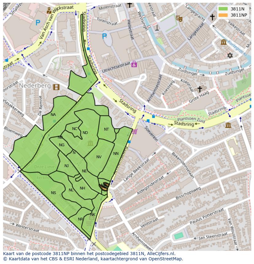 Afbeelding van het postcodegebied 3811 NP op de kaart.