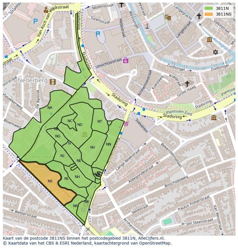 Afbeelding van het postcodegebied 3811 NS op de kaart.