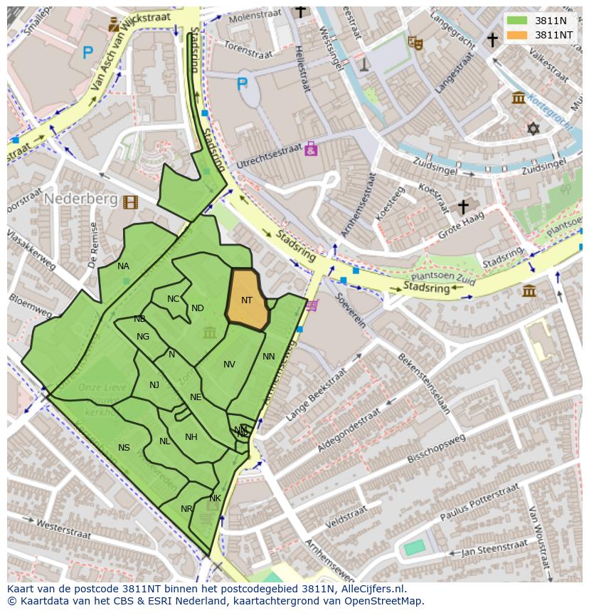 Afbeelding van het postcodegebied 3811 NT op de kaart.
