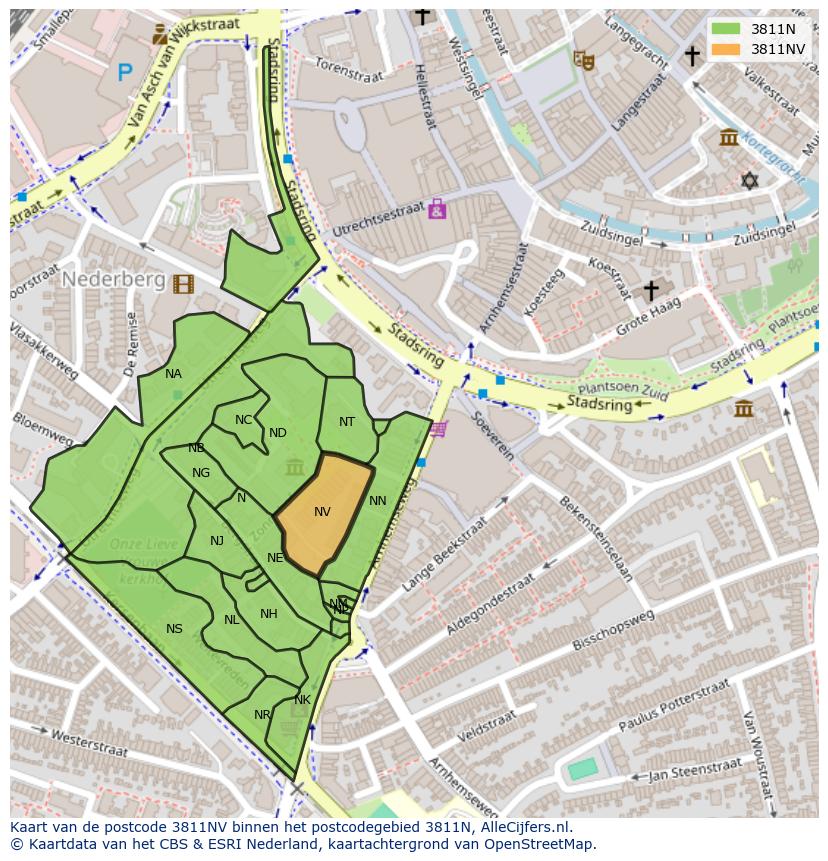 Afbeelding van het postcodegebied 3811 NV op de kaart.