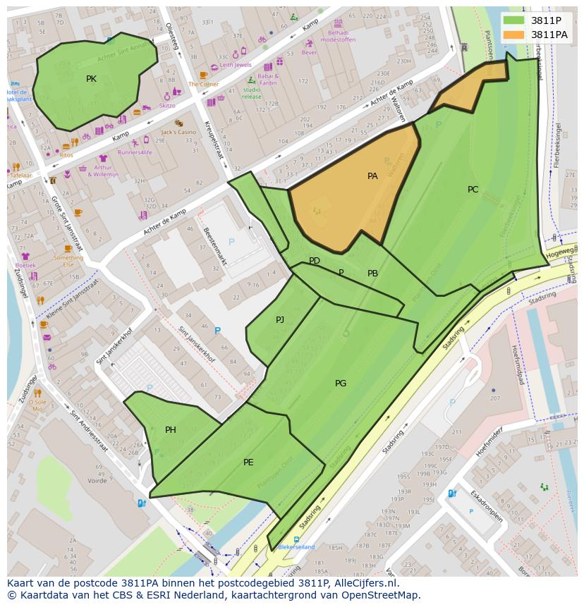 Afbeelding van het postcodegebied 3811 PA op de kaart.