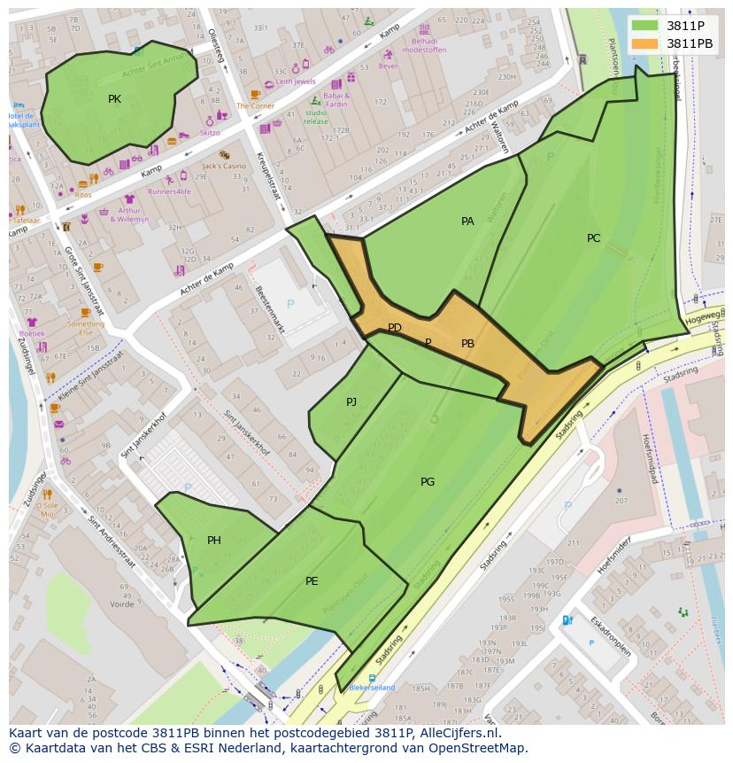 Afbeelding van het postcodegebied 3811 PB op de kaart.