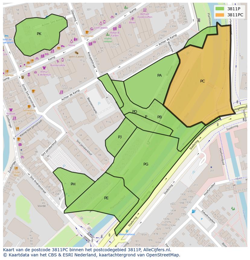 Afbeelding van het postcodegebied 3811 PC op de kaart.