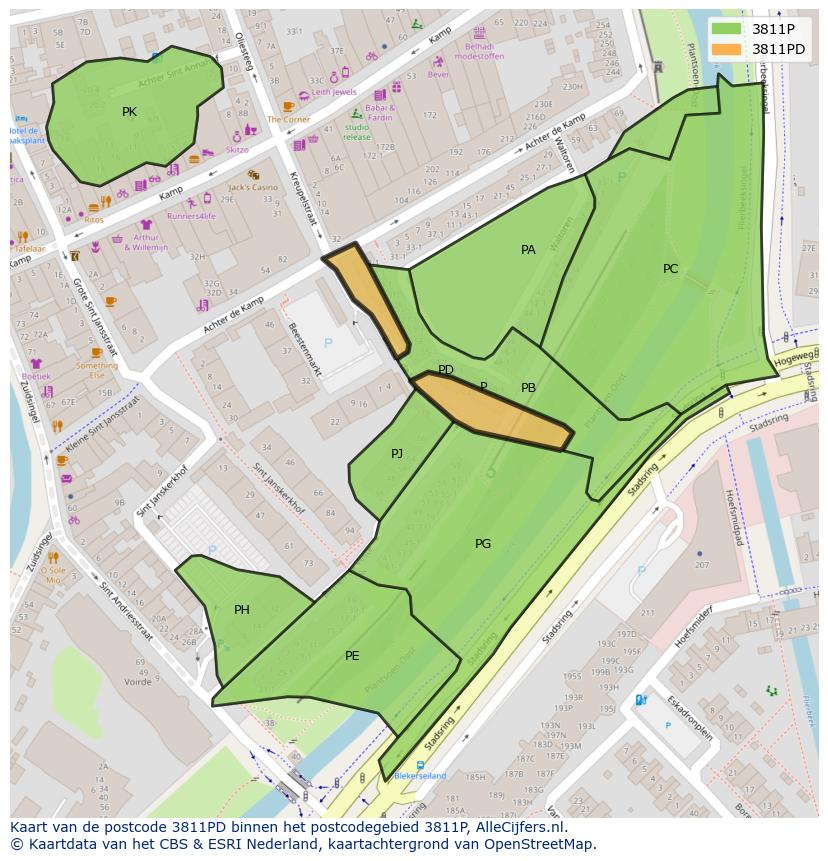 Afbeelding van het postcodegebied 3811 PD op de kaart.