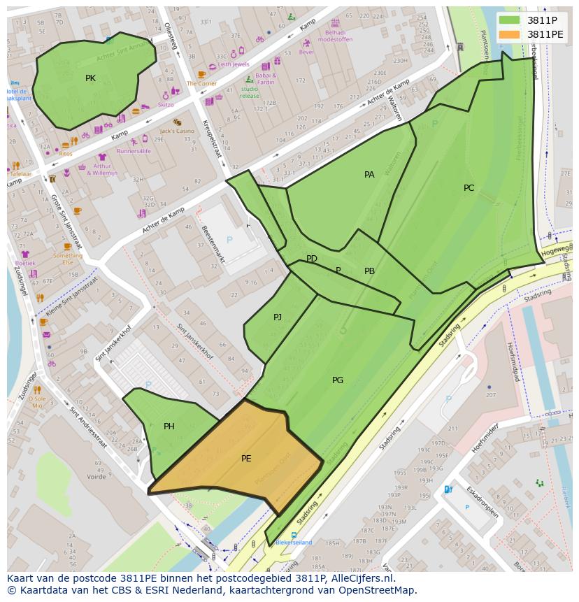 Afbeelding van het postcodegebied 3811 PE op de kaart.
