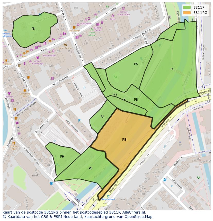 Afbeelding van het postcodegebied 3811 PG op de kaart.