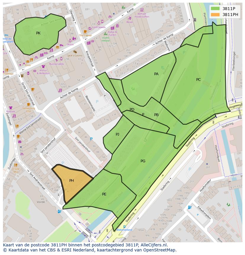Afbeelding van het postcodegebied 3811 PH op de kaart.