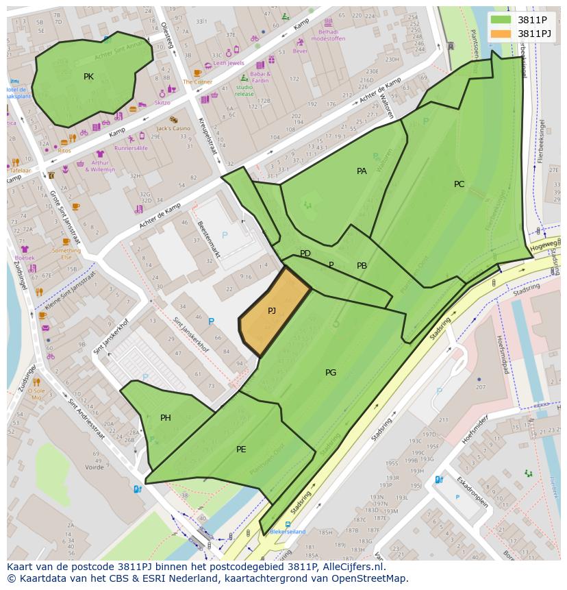 Afbeelding van het postcodegebied 3811 PJ op de kaart.